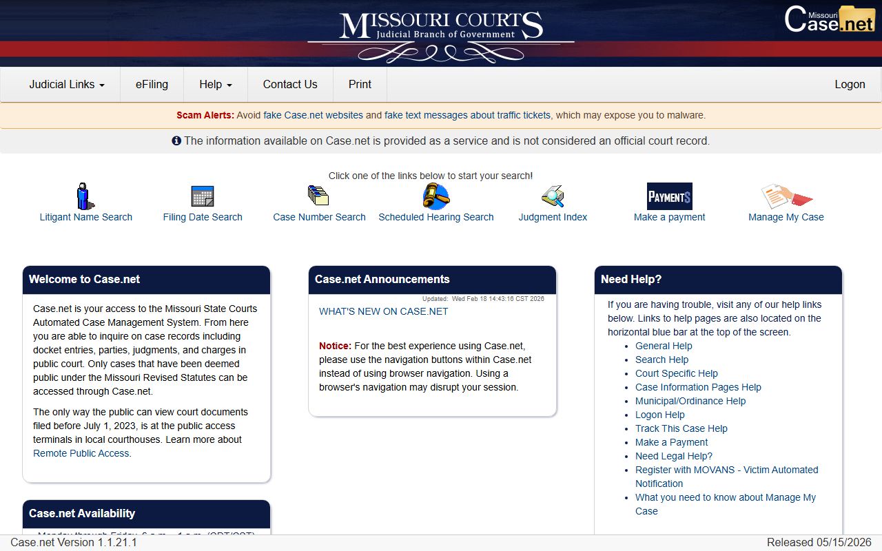 Missouri Case.net court records search for Pemiscot County after arrest